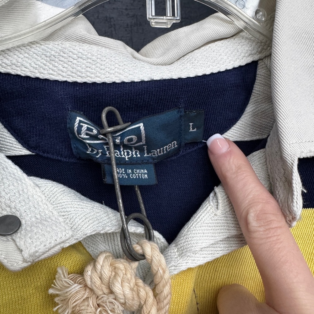 New vintage Polo Ralph Lauren Yellow and Blue Striped Rugby Shirt Large L - Picture 3 of 3